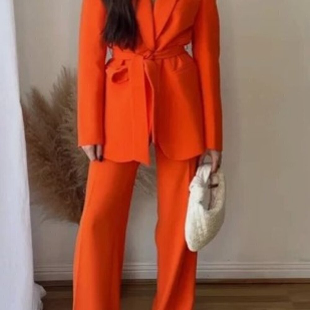 ZARA WOMAN ORANGE TUXEDO COLLAR BLAZER WITH BELT SIZE XS 2551/178/615